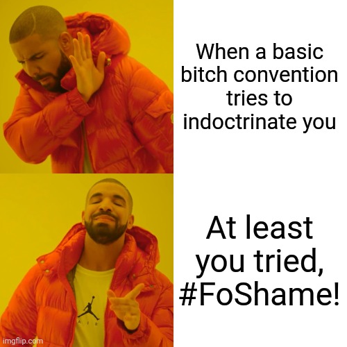 No sheep here follow yourself on Insta | When a basic bitch convention tries to indoctrinate you; At least you tried, #FoShame! | image tagged in memes,drake hotline bling | made w/ Imgflip meme maker