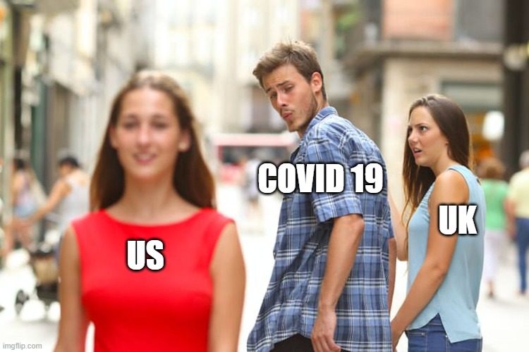 covid 19 in t a nutshell | COVID 19; UK; US | image tagged in memes,distracted boyfriend | made w/ Imgflip meme maker