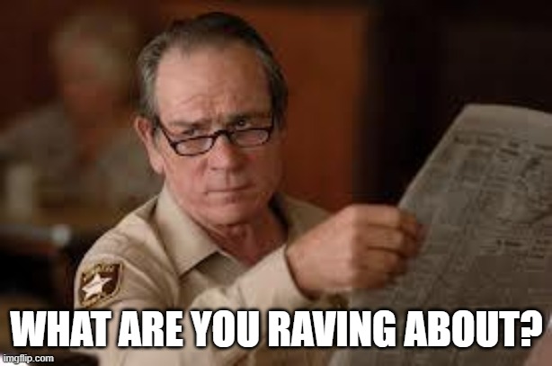 no country for old men tommy lee jones | WHAT ARE YOU RAVING ABOUT? | image tagged in no country for old men tommy lee jones | made w/ Imgflip meme maker