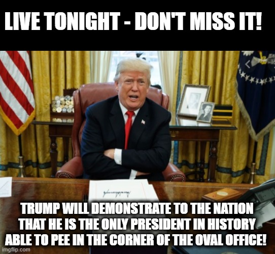 RNC Convention - Night 3 | LIVE TONIGHT - DON'T MISS IT! TRUMP WILL DEMONSTRATE TO THE NATION THAT HE IS THE ONLY PRESIDENT IN HISTORY ABLE TO PEE IN THE CORNER OF THE OVAL OFFICE! | image tagged in trump is a moron,rnc convention,donald trump is an idiot,election 2020 | made w/ Imgflip meme maker