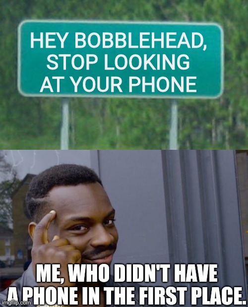 Safety | HEY BOBBLEHEAD,
STOP LOOKING AT YOUR PHONE; ME, WHO DIDN'T HAVE A PHONE IN THE FIRST PLACE. | image tagged in green road sign blank,roll safe think about it,texting | made w/ Imgflip meme maker