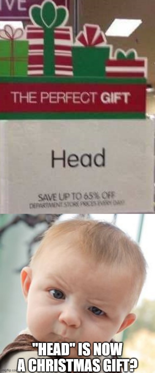 seriously? |  "HEAD" IS NOW A CHRISTMAS GIFT? | image tagged in memes,skeptical baby,funny,stupid signs,christmas presents,head | made w/ Imgflip meme maker