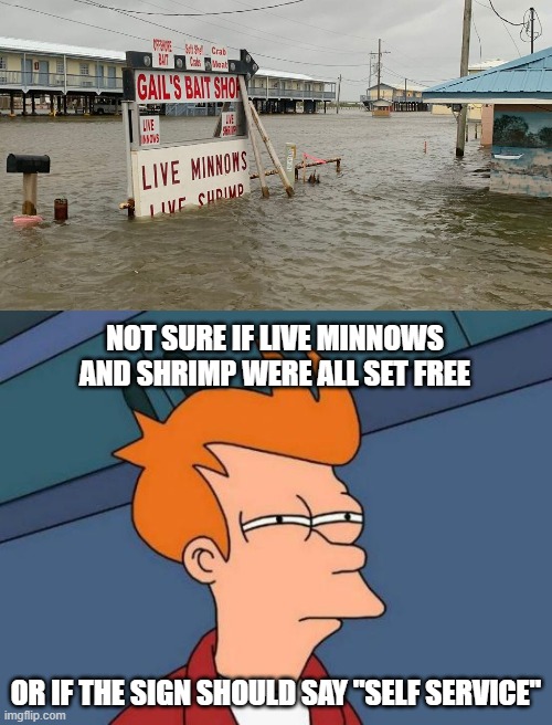 To all those in hurricane Laura's path, be careful out there! | NOT SURE IF LIVE MINNOWS AND SHRIMP WERE ALL SET FREE; OR IF THE SIGN SHOULD SAY "SELF SERVICE" | image tagged in memes,futurama fry | made w/ Imgflip meme maker