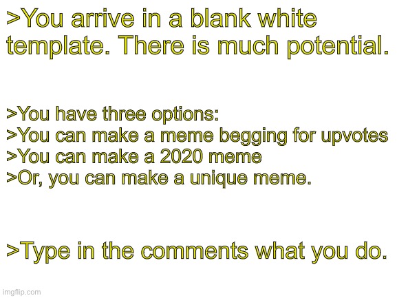 Blank White Template | >You arrive in a blank white template. There is much potential. >You have three options:
>You can make a meme begging for upvotes
>You can make a 2020 meme
>Or, you can make a unique meme. >Type in the comments what you do. | image tagged in blank white template | made w/ Imgflip meme maker