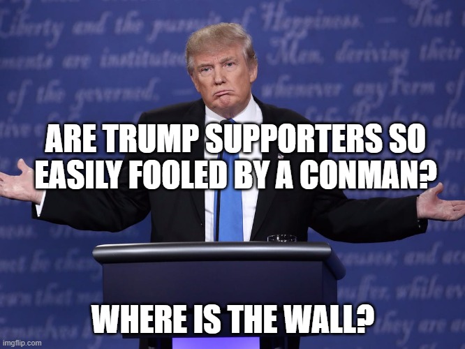 Trump Takes No Responsibility | ARE TRUMP SUPPORTERS SO EASILY FOOLED BY A CONMAN? WHERE IS THE WALL? | image tagged in no wall,liar,corrupt,conman,donald trump is an idiot,dump trump | made w/ Imgflip meme maker