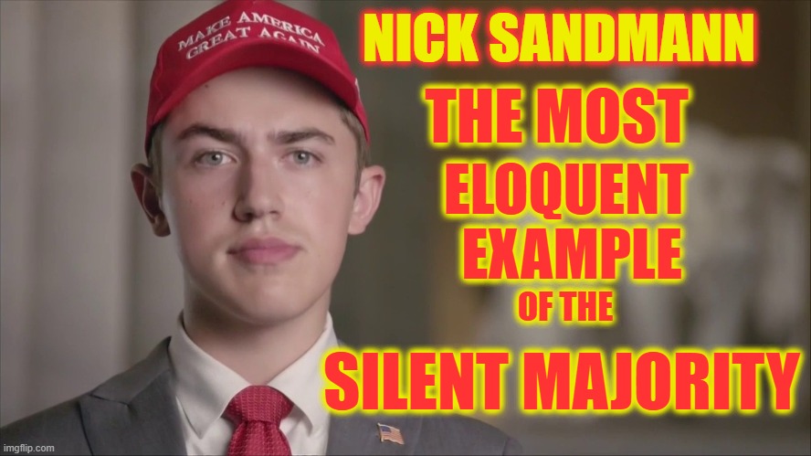 THE MOST ELOQUENT EXAMPLE OF THE SILENT MAJORITY | NICK SANDMANN; THE MOST; ELOQUENT  EXAMPLE; OF THE; SILENT MAJORITY | image tagged in nick sandmann,maga,donald trump,2020,defeat biden,250million dollars | made w/ Imgflip meme maker