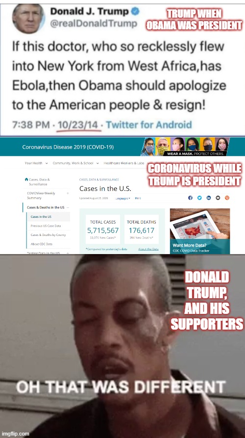 trump hypocrisy | TRUMP WHEN OBAMA WAS PRESIDENT; CORONAVIRUS WHILE TRUMP IS PRESIDENT; DONALD TRUMP, AND HIS SUPPORTERS | image tagged in donald trump,covid19 | made w/ Imgflip meme maker