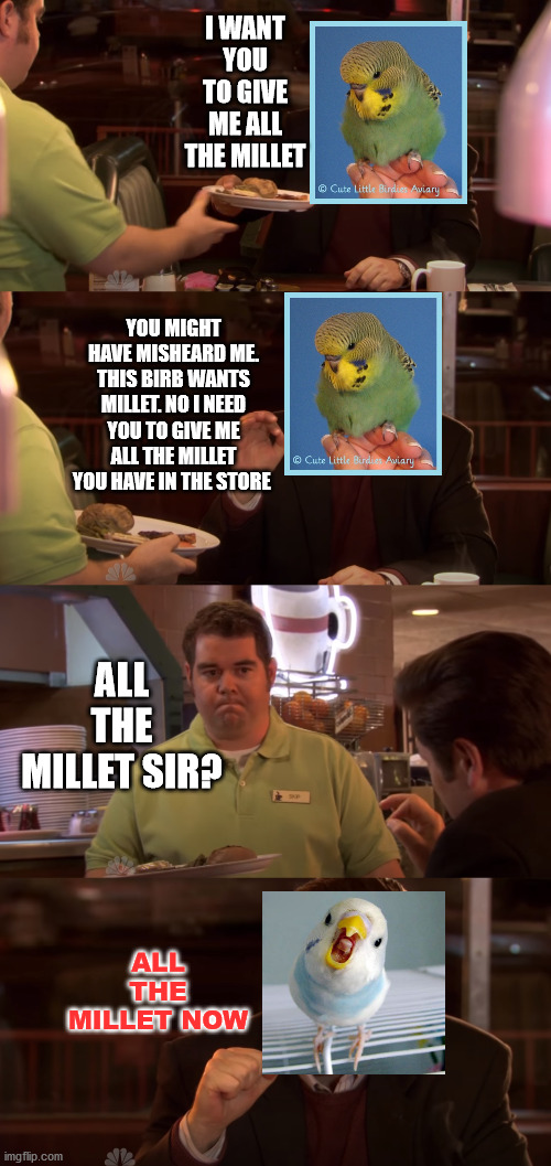 Ron Swanson All the Bacon and Eggs you have | I WANT YOU TO GIVE ME ALL THE MILLET; YOU MIGHT HAVE MISHEARD ME. THIS BIRB WANTS MILLET. NO I NEED YOU TO GIVE ME ALL THE MILLET YOU HAVE IN THE STORE; ALL THE MILLET SIR? ALL THE MILLET NOW | image tagged in ron swanson all the bacon and eggs you have | made w/ Imgflip meme maker