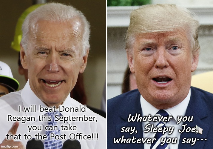I will... | I will beat Donald Reagan this September, you can take that to the Post Office!!! Whatever you say, Sleepy Joe, whatever you say... | image tagged in sleepy joe,donald trump,post office,september | made w/ Imgflip meme maker