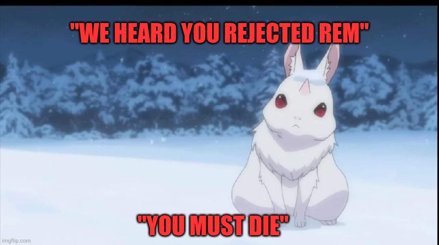 Re:Zero The Great Rabbit | "WE HEARD YOU REJECTED REM"; "YOU MUST DIE" | image tagged in re zero the great rabbit | made w/ Imgflip meme maker