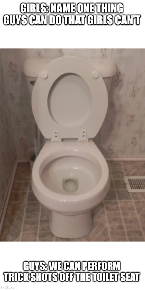 Girls vs Boys | GIRLS: NAME ONE THING GUYS CAN DO THAT GIRLS CAN’T; GUYS: WE CAN PERFORM TRICK SHOTS OFF THE TOILET SEAT | image tagged in toilet seat up,trick shot,boys vs girls,potty humor,funny,memes | made w/ Imgflip meme maker