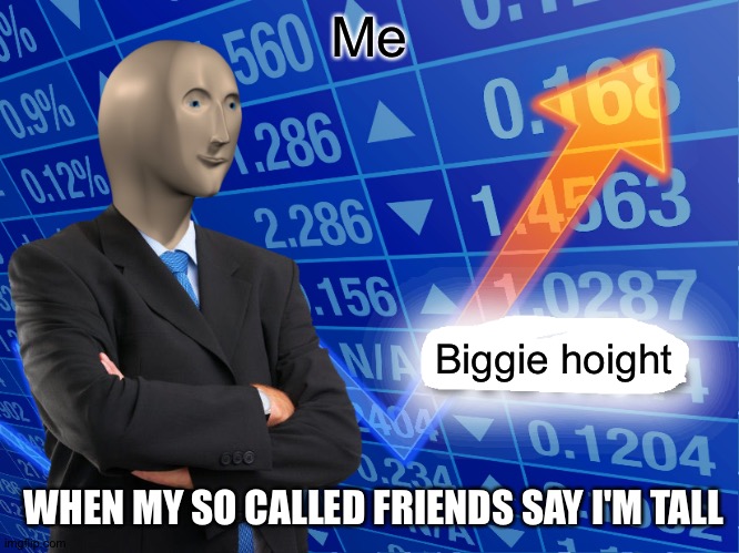 This meme doesn't make sense | Me; Biggie hoight; WHEN MY SO CALLED FRIENDS SAY I'M TALL | image tagged in empty stonks | made w/ Imgflip meme maker