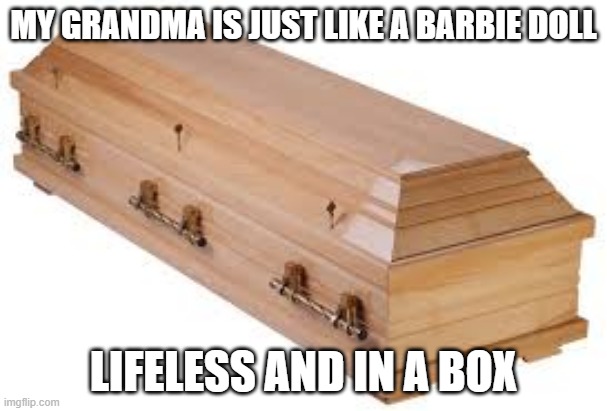 Poor Granny | MY GRANDMA IS JUST LIKE A BARBIE DOLL; LIFELESS AND IN A BOX | image tagged in coffin | made w/ Imgflip meme maker