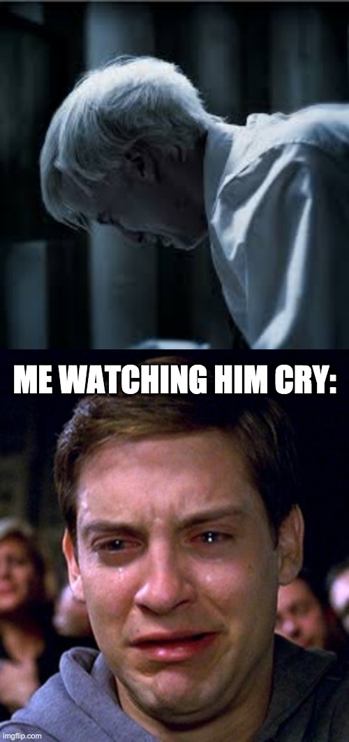 *insert creative title here* | ME WATCHING HIM CRY: | image tagged in crying peter parker,draco malfoy,crying | made w/ Imgflip meme maker