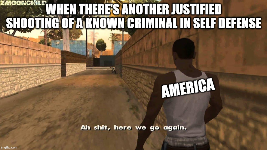 Not again... | WHEN THERE'S ANOTHER JUSTIFIED SHOOTING OF A KNOWN CRIMINAL IN SELF DEFENSE; AMERICA | image tagged in here we go again,jacob sartorius,riots,thug life | made w/ Imgflip meme maker