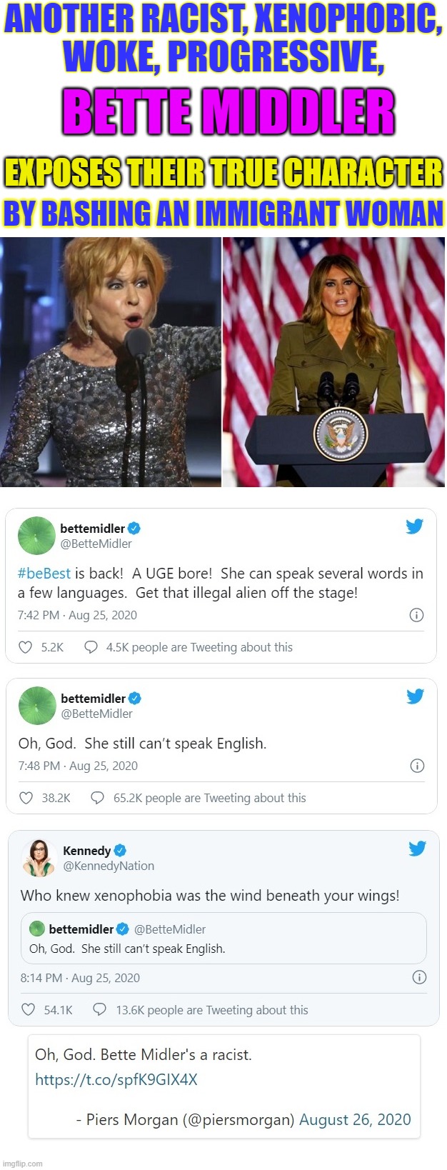 Unfortunately, Bette's sick attitude is well represented here on imgflip. | ANOTHER RACIST, XENOPHOBIC, WOKE, PROGRESSIVE, BETTE MIDDLER; EXPOSES THEIR TRUE CHARACTER; BY BASHING AN IMMIGRANT WOMAN | image tagged in bette middler racist,bette middler xenophobe,progressive woke hypocrites | made w/ Imgflip meme maker