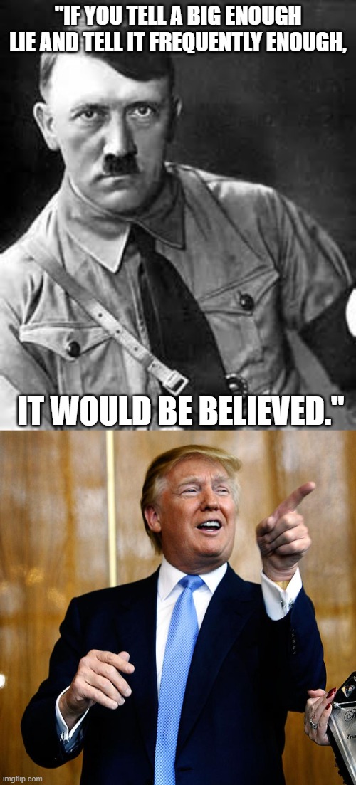 Actual Quote by Hitler | "IF YOU TELL A BIG ENOUGH LIE AND TELL IT FREQUENTLY ENOUGH, IT WOULD BE BELIEVED." | image tagged in memes,hitler,trump,lies,quotes | made w/ Imgflip meme maker