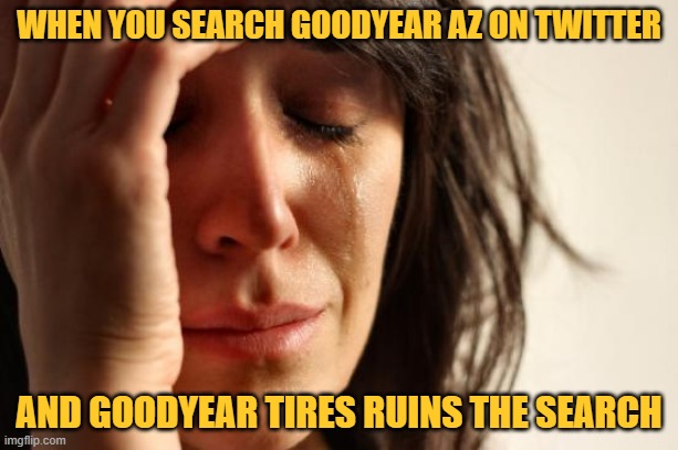 Goodyear Problems | WHEN YOU SEARCH GOODYEAR AZ ON TWITTER; AND GOODYEAR TIRES RUINS THE SEARCH | image tagged in memes,first world problems,arizona,research,twitter,it could be worse | made w/ Imgflip meme maker