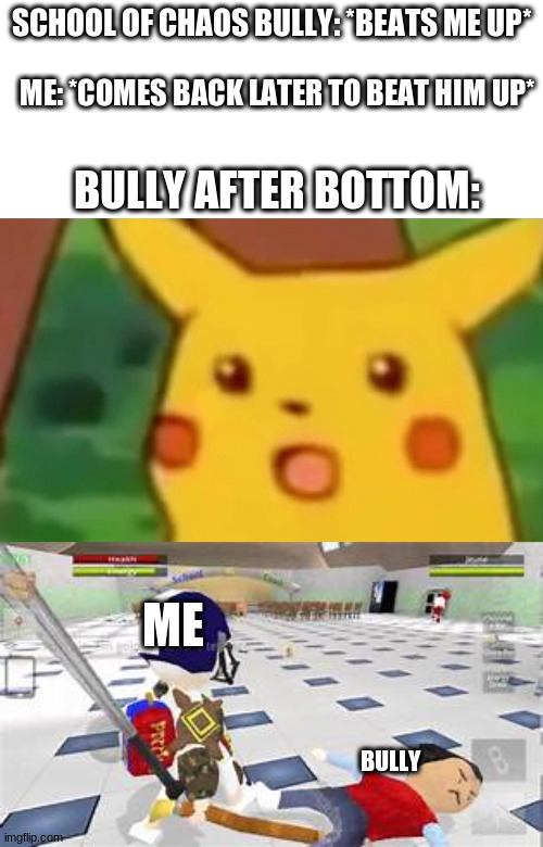 SCHOOL OF CHAOS BULLY: *BEATS ME UP*; ME: *COMES BACK LATER TO BEAT HIM UP*; BULLY AFTER BOTTOM:; ME; BULLY | image tagged in memes,surprised pikachu | made w/ Imgflip meme maker