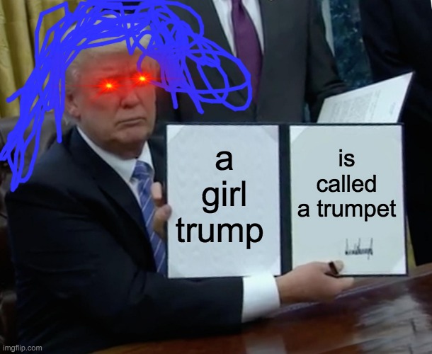 Trump Bill Signing Meme | a girl trump; is called a trumpet | image tagged in memes,trump bill signing | made w/ Imgflip meme maker