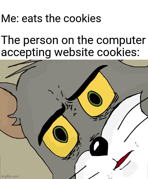 Me: eats the cookies; The person on the computer accepting website cookies: | Me: eats the cookies; The person on the computer accepting website cookies: | image tagged in memes,unsettled tom,tom and jerry,funny,website,cookies | made w/ Imgflip meme maker