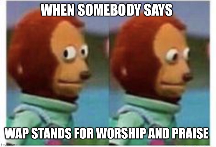 Church folks be stealing | WHEN SOMEBODY SAYS; WAP STANDS FOR WORSHIP AND PRAISE | image tagged in side eye teddy | made w/ Imgflip meme maker