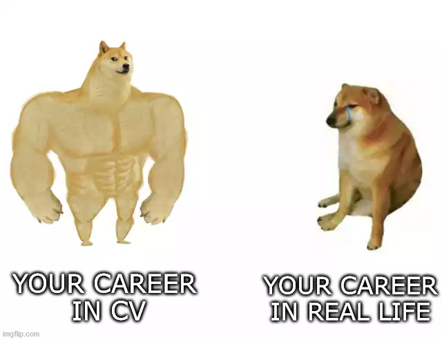 Your career in CV vs. real life | YOUR CAREER
 IN CV; YOUR CAREER IN REAL LIFE | image tagged in buff doge vs cheems | made w/ Imgflip meme maker