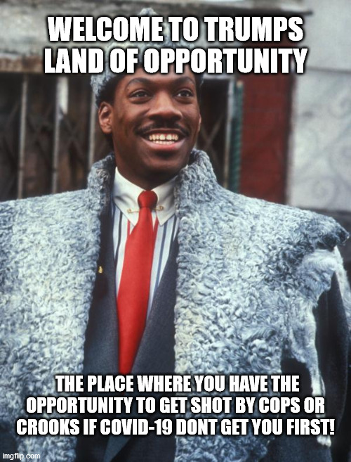 Land of opportunity | WELCOME TO TRUMPS LAND OF OPPORTUNITY; THE PLACE WHERE YOU HAVE THE OPPORTUNITY TO GET SHOT BY COPS OR CROOKS IF COVID-19 DONT GET YOU FIRST! | image tagged in akeem coming to america,donald trump,biden 2020,election 2020 | made w/ Imgflip meme maker