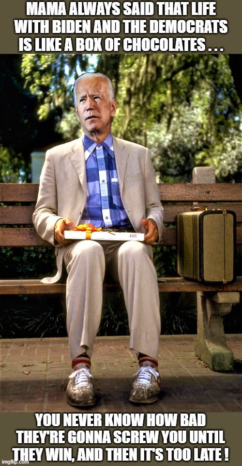 Life is like a box of chocolates with Biden | MAMA ALWAYS SAID THAT LIFE WITH BIDEN AND THE DEMOCRATS IS LIKE A BOX OF CHOCOLATES . . . YOU NEVER KNOW HOW BAD THEY'RE GONNA SCREW YOU UNTIL THEY WIN, AND THEN IT'S TOO LATE ! | image tagged in political meme,life like box of chocolates,biden,democrats,elections,life lessons | made w/ Imgflip meme maker