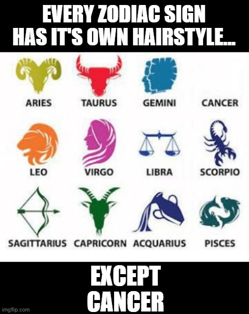 Poor Cancer | EVERY ZODIAC SIGN HAS IT'S OWN HAIRSTYLE... EXCEPT CANCER | image tagged in zodiac signs | made w/ Imgflip meme maker