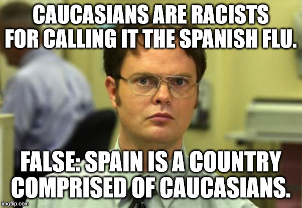 Dwight Schrute Meme | CAUCASIANS ARE RACISTS FOR CALLING IT THE SPANISH FLU. FALSE: SPAIN IS A COUNTRY COMPRISED OF CAUCASIANS. | image tagged in memes,dwight schrute | made w/ Imgflip meme maker