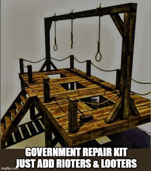 Hanging gallows #1 | GOVERNMENT REPAIR KIT
JUST ADD RIOTERS & LOOTERS | image tagged in political meme,riots,looters,looting,government,repair kit | made w/ Imgflip meme maker