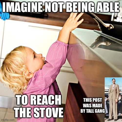 Tall Gang Rise Up | IMAGINE NOT BEING ABLE; TO REACH THE STOVE; THIS POST WAS MADE BY TALL GANG | image tagged in tall,short,funny | made w/ Imgflip meme maker