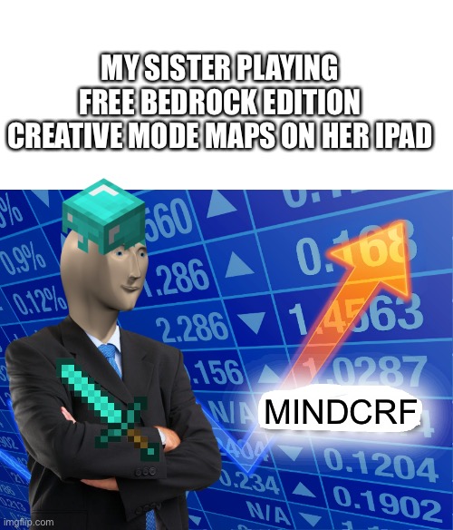 MY SISTER PLAYING FREE BEDROCK EDITION CREATIVE MODE MAPS ON HER IPAD; MINDCRF | image tagged in empty stonks,minecraft,sister | made w/ Imgflip meme maker