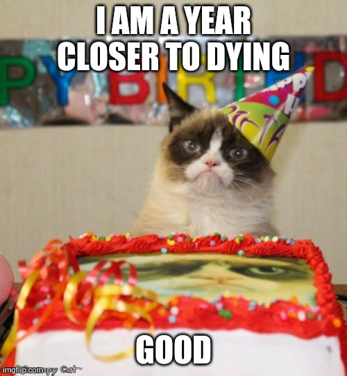 Grumpy Cat Birthday |  I AM A YEAR CLOSER TO DYING; GOOD | image tagged in memes,grumpy cat birthday,grumpy cat | made w/ Imgflip meme maker