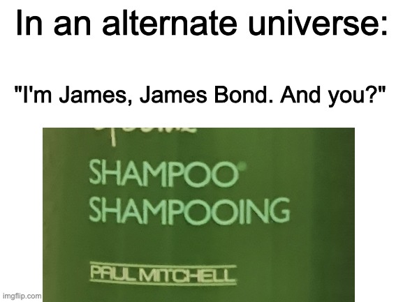 James Bond | In an alternate universe:; "I'm James, James Bond. And you?" | image tagged in james bond,shampoo | made w/ Imgflip meme maker