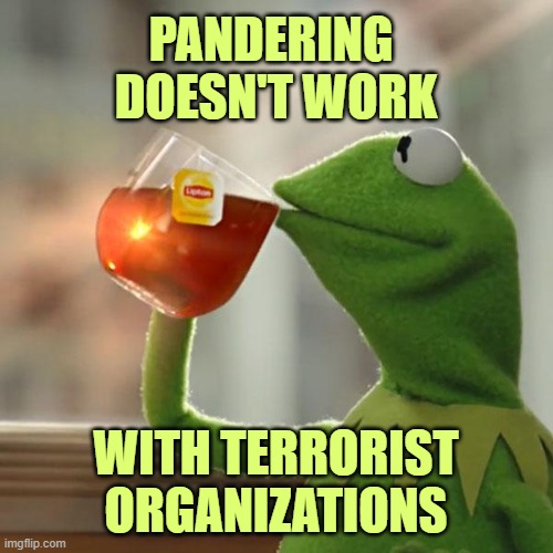 But That's None Of My Business Meme | PANDERING 
DOESN'T WORK WITH TERRORIST ORGANIZATIONS | image tagged in memes,but that's none of my business,kermit the frog | made w/ Imgflip meme maker
