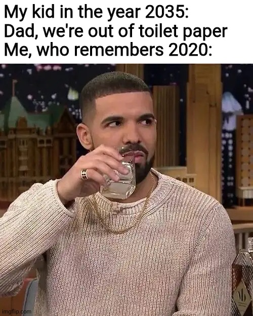Drake's Side Eye | My kid in the year 2035: Dad, we're out of toilet paper
Me, who remembers 2020: | image tagged in drake's side eye,toilet paper,flashback,memes,coronavirus,2020 | made w/ Imgflip meme maker