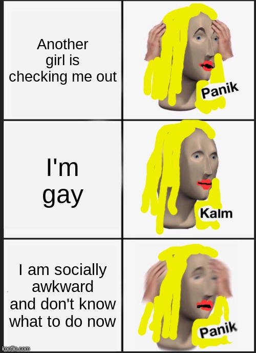 Panik Kalm Panik Meme | Another girl is checking me out; I'm gay; I am socially awkward and don't know what to do now | image tagged in memes,panik kalm panik | made w/ Imgflip meme maker