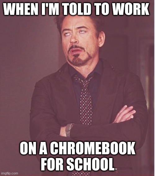 Face You Make Robert Downey Jr Meme | WHEN I'M TOLD TO WORK; ON A CHROMEBOOK FOR SCHOOL | image tagged in memes,face you make robert downey jr | made w/ Imgflip meme maker