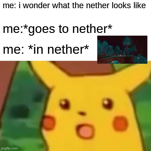 Surprised Pikachu | me: i wonder what the nether looks like; me:*goes to nether*; me: *in nether* | image tagged in memes,surprised pikachu,minecraft | made w/ Imgflip meme maker