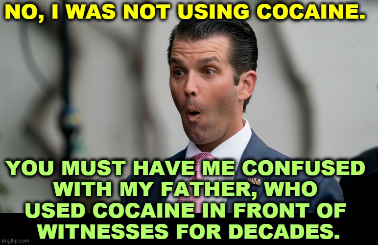 Donald Jr. is a snarky little no-talent nothing burger who should relax. He will never inherit the presidency. | NO, I WAS NOT USING COCAINE. YOU MUST HAVE ME CONFUSED 
WITH MY FATHER, WHO 
USED COCAINE IN FRONT OF 
WITNESSES FOR DECADES. | image tagged in donald trump jr inhaling,trump,child,snarky,nasty,nothing burger | made w/ Imgflip meme maker