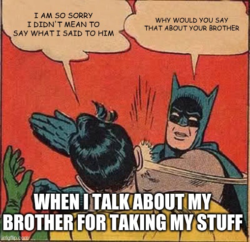 Batman Slapping Robin Meme | I AM SO SORRY I DIDN'T MEAN TO SAY WHAT I SAID TO HIM; WHY WOULD YOU SAY THAT ABOUT YOUR BROTHER; WHEN I TALK ABOUT MY BROTHER FOR TAKING MY STUFF | image tagged in memes,batman slapping robin | made w/ Imgflip meme maker