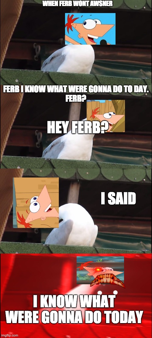 Inhaling Seagull Meme | WHEN FERB WONT AWSNER; FERB I KNOW WHAT WERE GONNA DO TO DAY.

FERB? HEY FERB? I SAID; I KNOW WHAT WERE GONNA DO TODAY | image tagged in memes,inhaling seagull | made w/ Imgflip meme maker