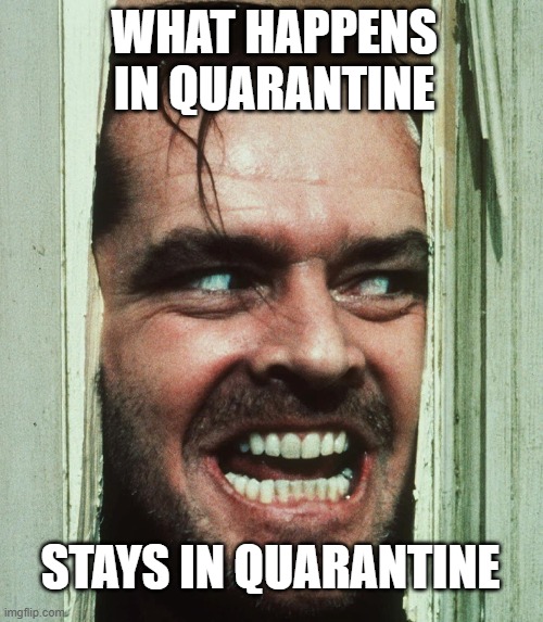 What happens in quarantine stays in quarantine | WHAT HAPPENS IN QUARANTINE; STAYS IN QUARANTINE | image tagged in jack nicholson shining | made w/ Imgflip meme maker
