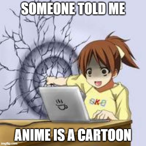 Anime wall punch | SOMEONE TOLD ME; ANIME IS A CARTOON | image tagged in anime wall punch | made w/ Imgflip meme maker