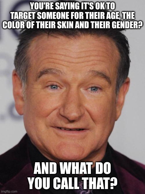 Open Season On Old White Dudes | YOU'RE SAYING IT'S OK TO TARGET SOMEONE FOR THEIR AGE, THE COLOR OF THEIR SKIN AND THEIR GENDER? AND WHAT DO YOU CALL THAT? | image tagged in robin williams,racism,reverseracismisbs | made w/ Imgflip meme maker