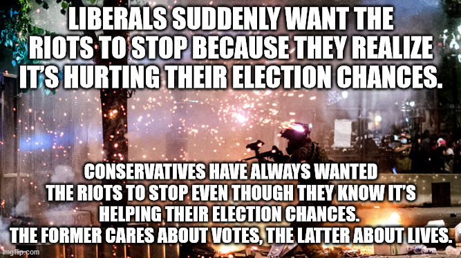 Stop the Riots | LIBERALS SUDDENLY WANT THE RIOTS TO STOP BECAUSE THEY REALIZE IT’S HURTING THEIR ELECTION CHANCES. CONSERVATIVES HAVE ALWAYS WANTED THE RIOTS TO STOP EVEN THOUGH THEY KNOW IT’S HELPING THEIR ELECTION CHANCES. 
THE FORMER CARES ABOUT VOTES, THE LATTER ABOUT LIVES. | image tagged in liberals vs conservatives,riots,liberals,conservatives,election 2020 | made w/ Imgflip meme maker