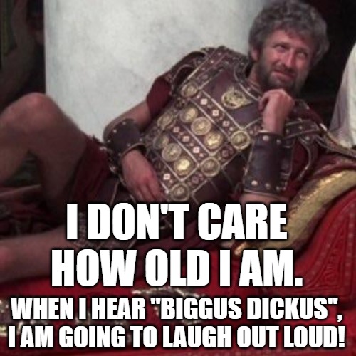 Biggus Dickus |  I DON'T CARE HOW OLD I AM. WHEN I HEAR "BIGGUS DICKUS", I AM GOING TO LAUGH OUT LOUD! | image tagged in biggus dickus | made w/ Imgflip meme maker
