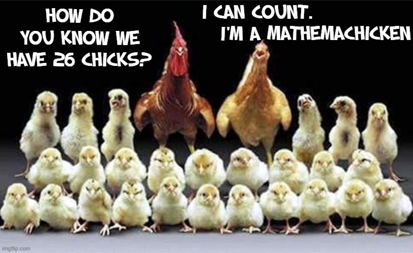 Don't Count Your Chickens | I CAN COUNT.
I'M A; HOW DO YOU KNOW WE HAVE 26 CHICKS? MATHEMACHICKEN | image tagged in vince vance,rooster,hen,chicks,chickens,memes | made w/ Imgflip meme maker
